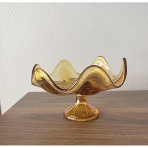 Vintage Princess Handmade Amber Blown Glass Pedestal Compote MCM Candy Dish 7"